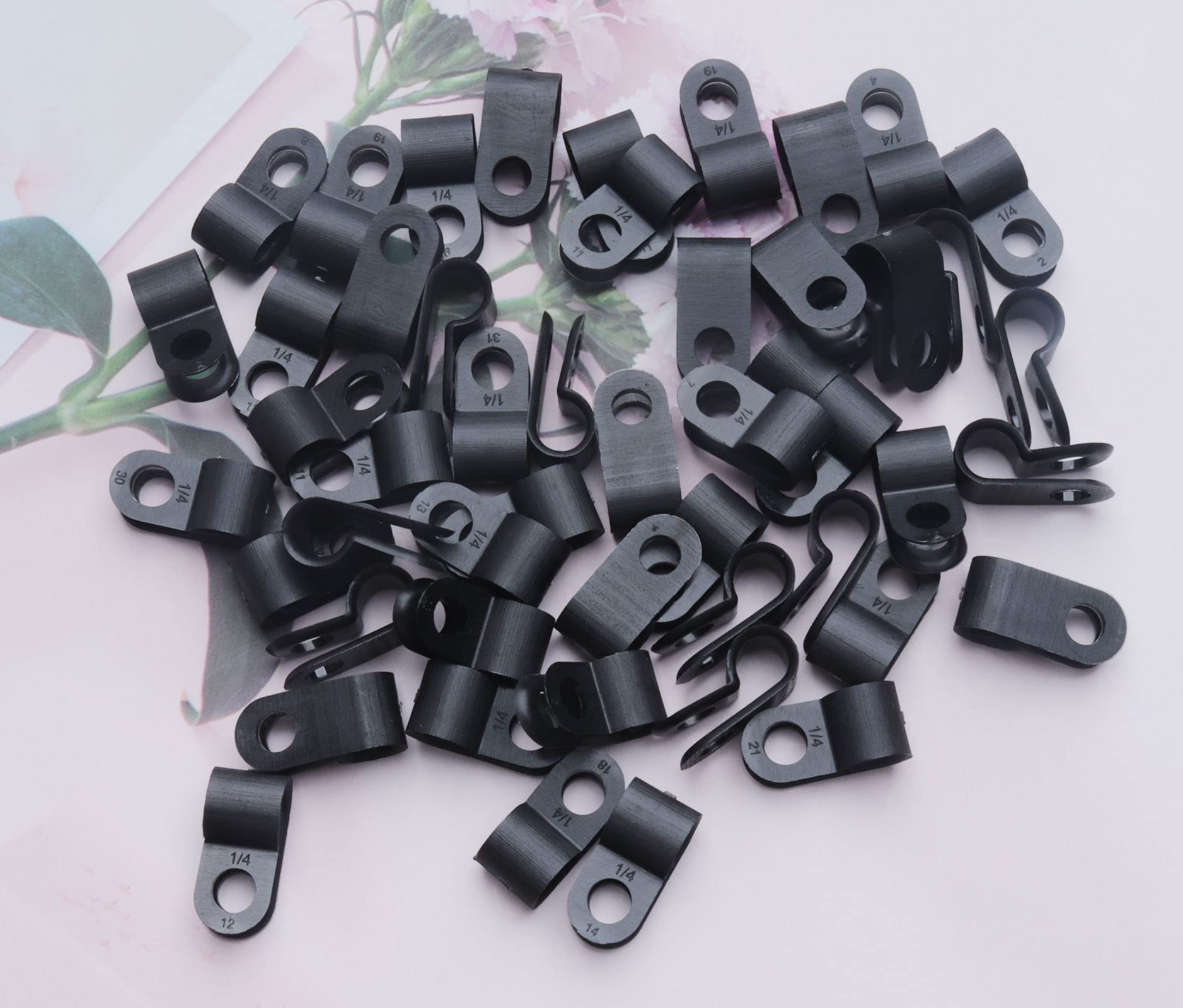 Sowaka 50 Pcs Cable Clamp 1/4 Black R Type Nylon Screw Mounting Cable Fastener Wire Cords Clips For Wire Mounting Pipe Rope Tube